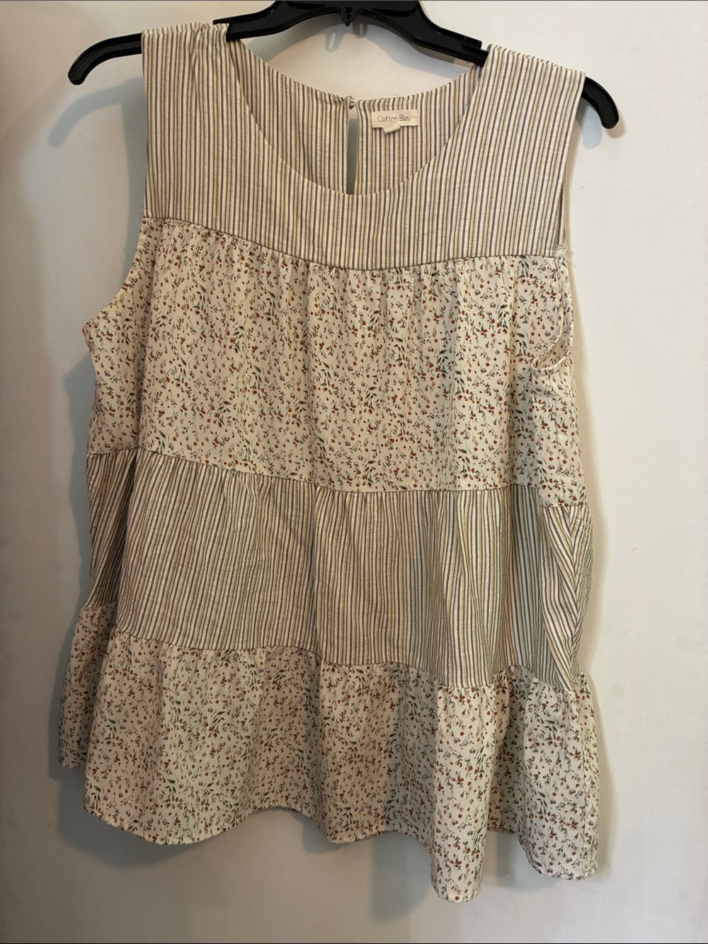 Cotton-Blend Cream Floral & Stripe Sleeveless Blouse